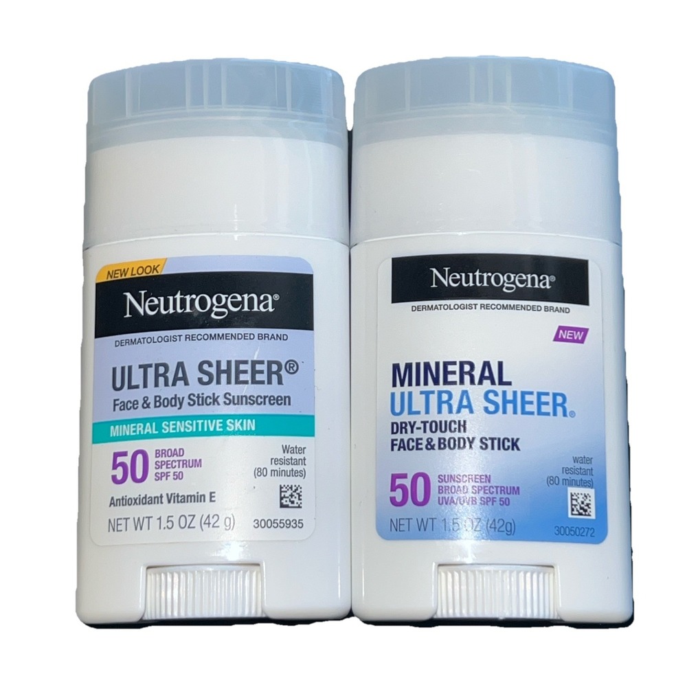 (Lot of 2)New Neutrogena Mineral Ultra Sheer Sticks SPF 50 1.5oz ea Dry-Touch